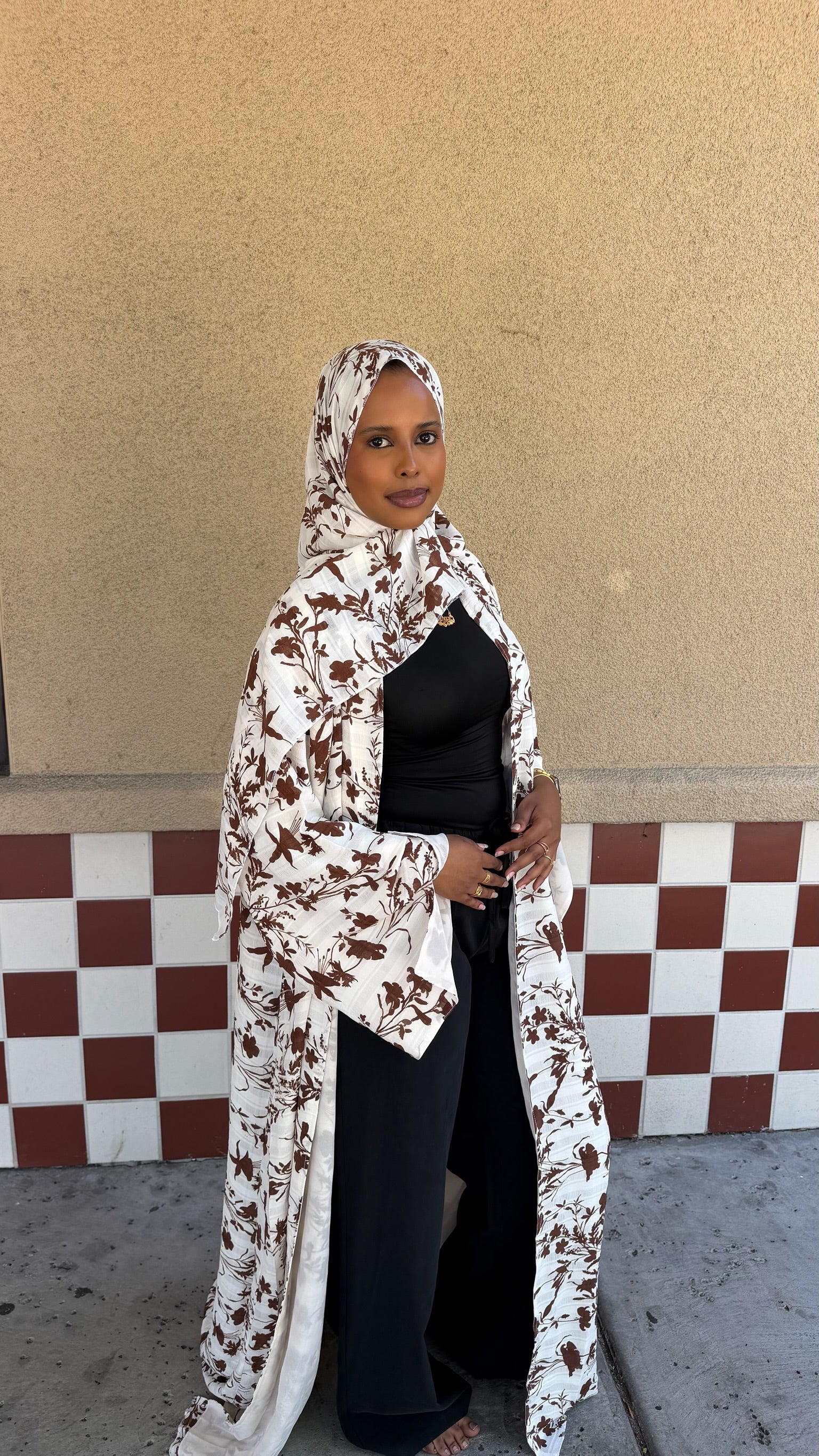 Three piece brown soft floral Abaya