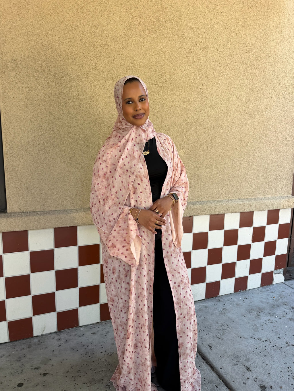 Three Piece Pink Polka Dot Abaya