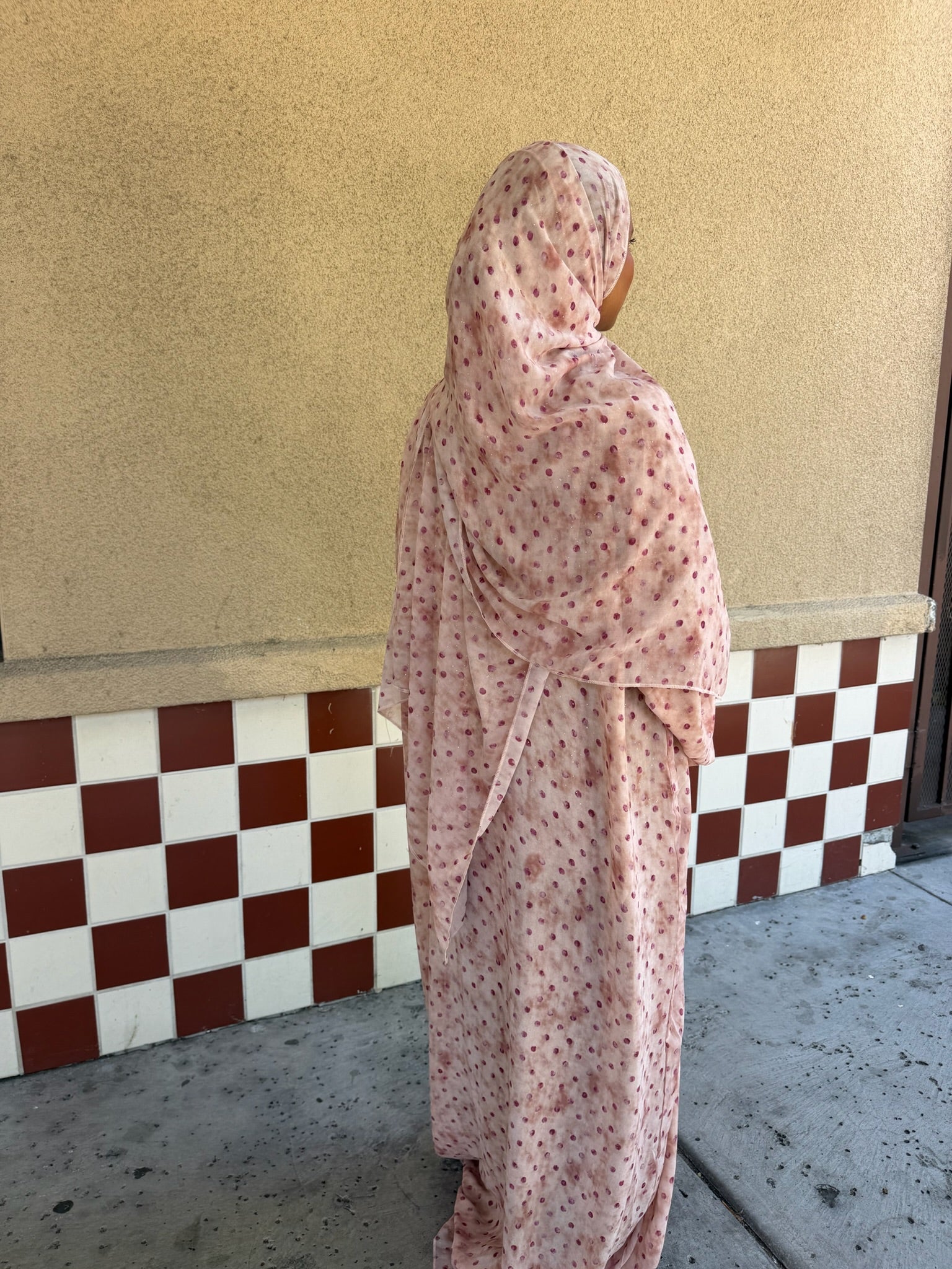 Three Piece Pink Polka Dot Abaya