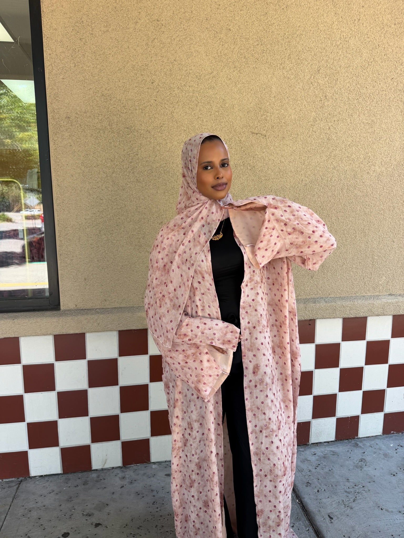 Three Piece Pink Polka Dot Abaya