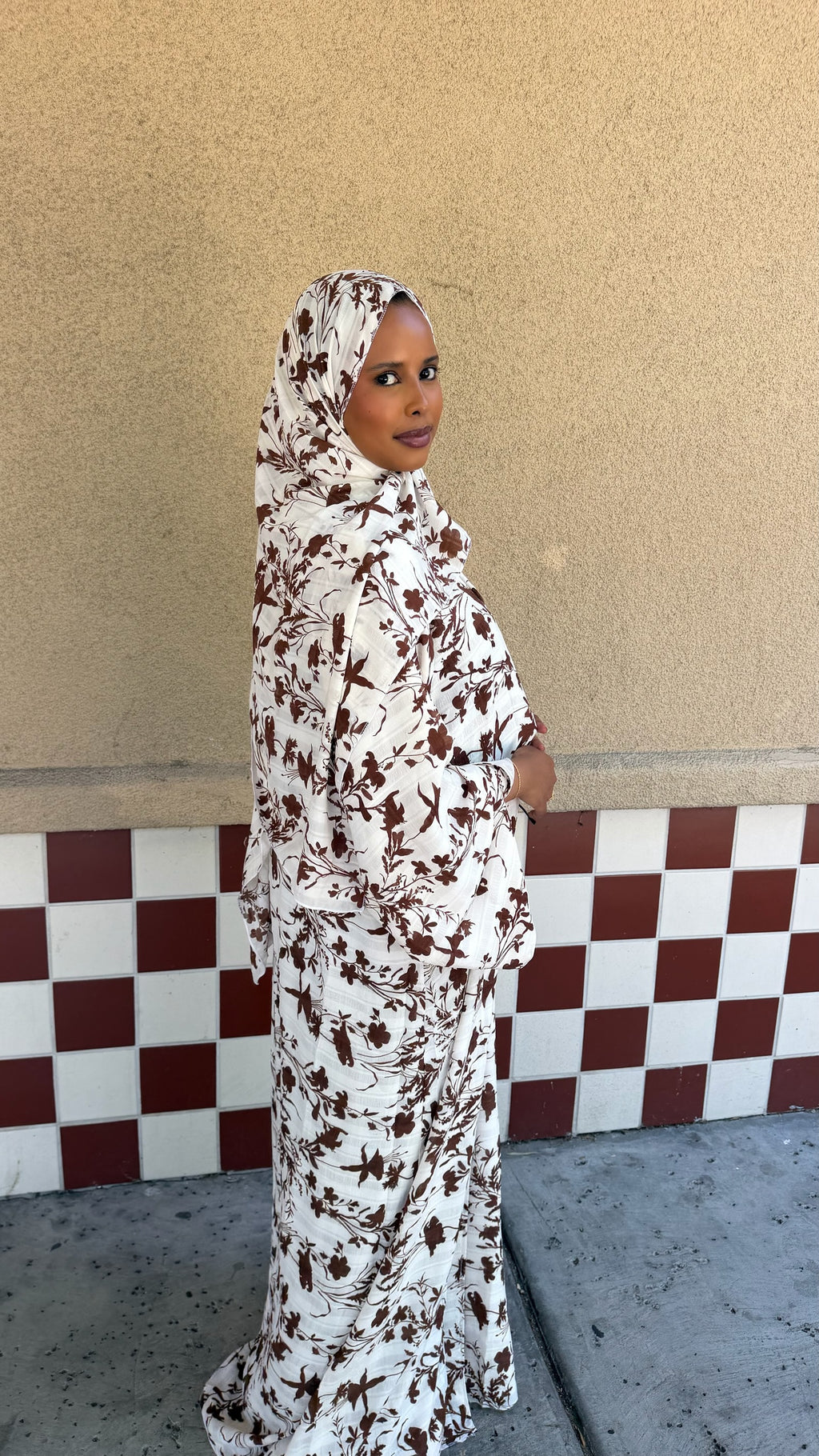 Three piece brown soft floral Abaya