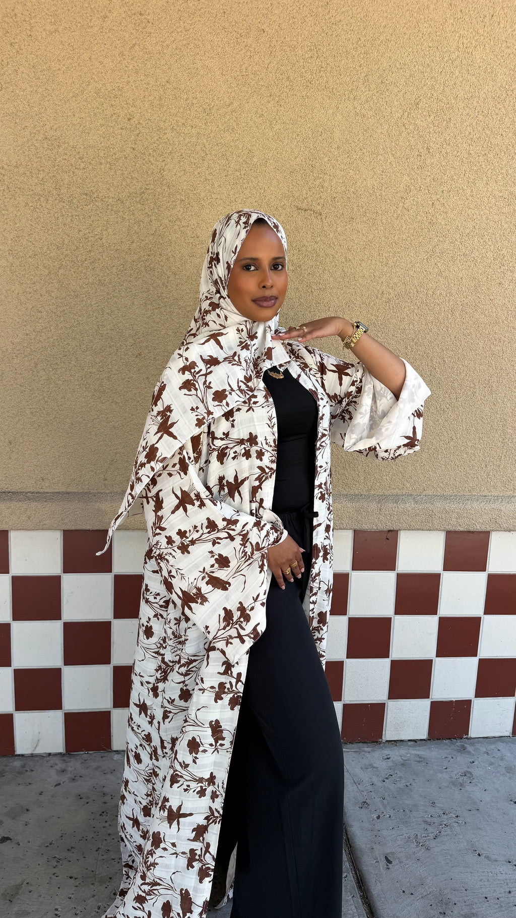 Three piece brown soft floral Abaya