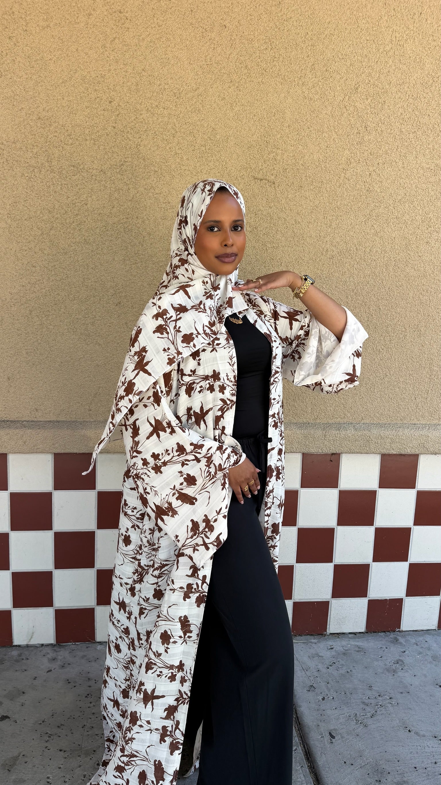 Three piece brown soft floral Abaya